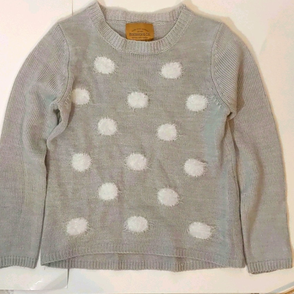Gray sweater with white fuzzy circles